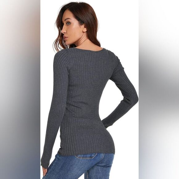 AmélieBoutik Women Scoop Neck Long Sleeve Scalloped Cuff Ribbed Sweater Gray S - Picture 4 of 10